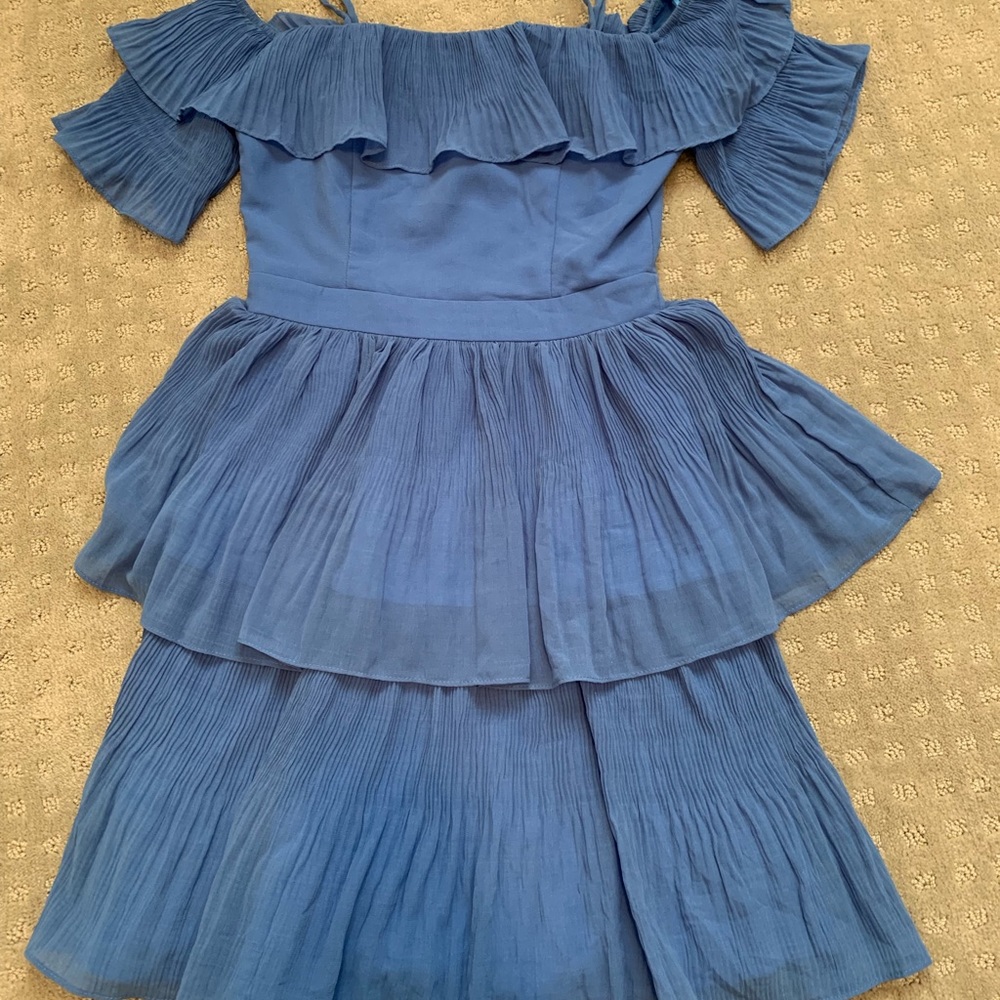 Adelyn Rae chiffon, ruffle, offtheshoulder dress.